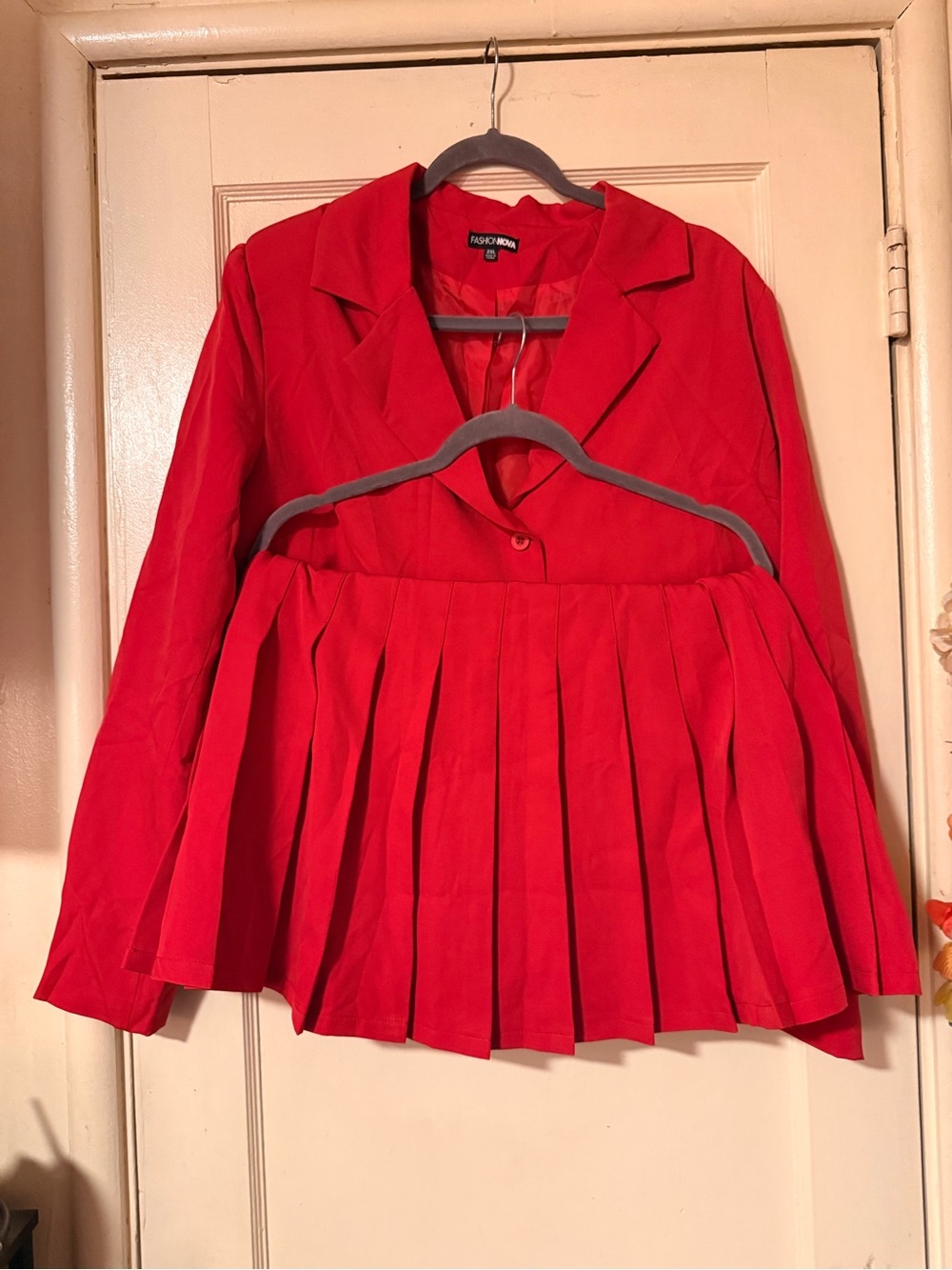 Fashion Nova Red Pleated Blazer and Skirt Set